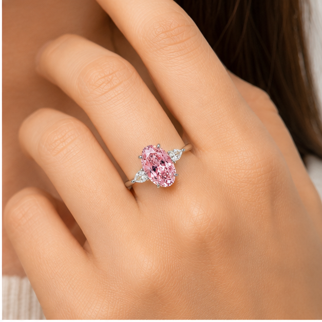 Oval kesim labgrown pırlanta pembe 925 ayar gümüş yüzük 2